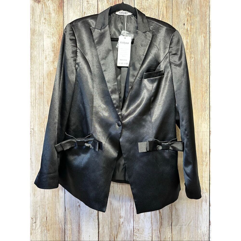 NWT Women Satin Suit Blazer Jacket Black Double Side Bows Party Wedding Size 2XL - Picture 2 of 9